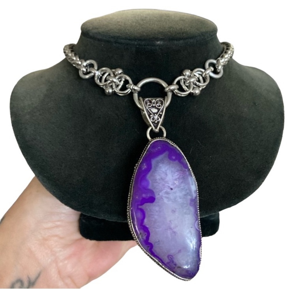 925 sterling silver overlay purple agate gemstone charm maille boho necklace - Picture 3 of 10